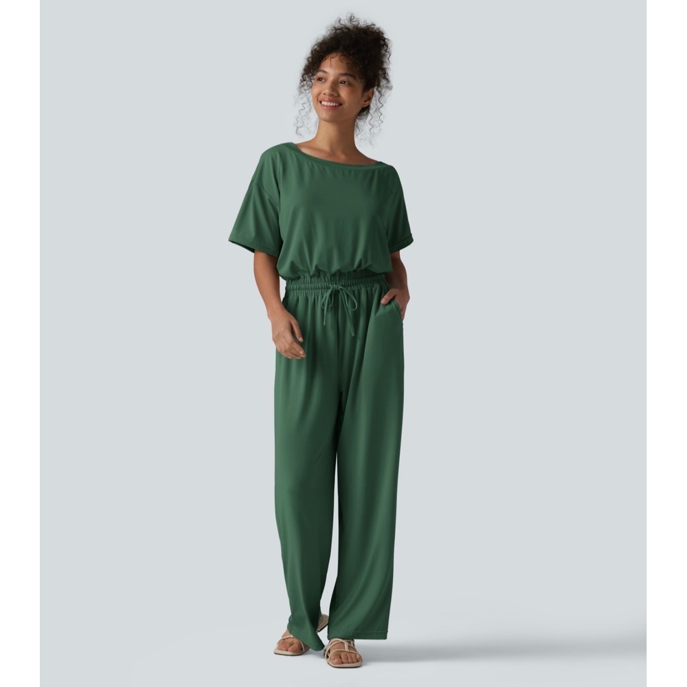 Halara Green Boat Neck Short Sleeve Drawstring Baggy Casual Jumpsuit Pockets S